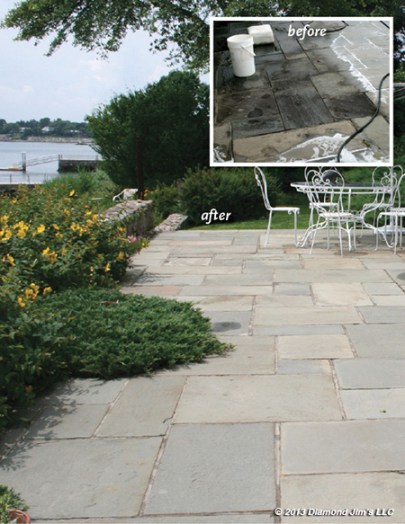Before and after picture of cleaning a stone patio