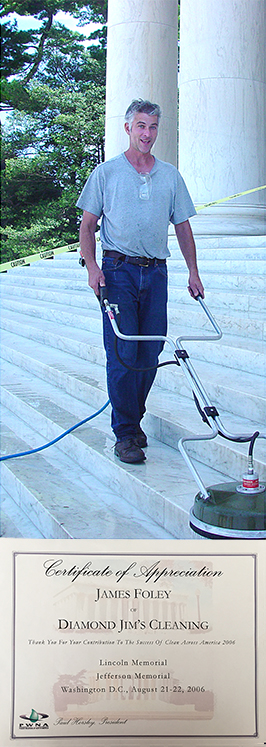 The owner, Jim Foley, participating in a large volunteer event to pressure clean the Washington Memorial in Washington, D.C.