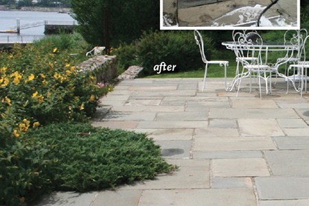 Before and after photo of cleaning a stone patio
