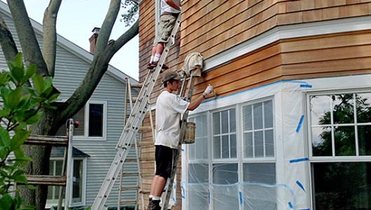 Oiling cedar house. Protecting the white trim with plastic.